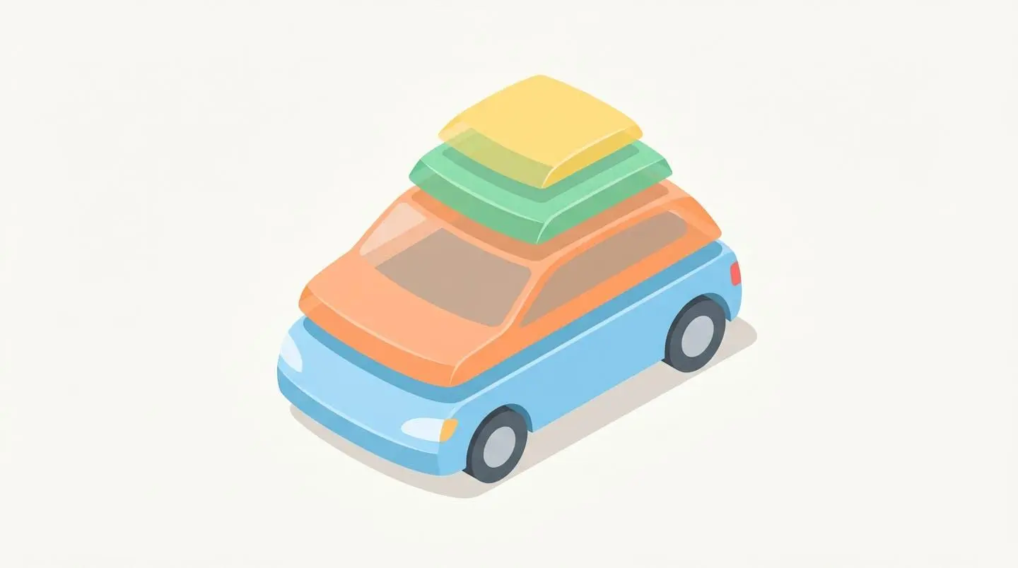 Illustration 3D isométrique d'une voiture décomposée en couches colorées représentant les différents éléments du coût d'une mensualité LOA