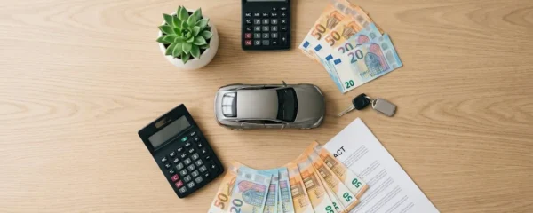 Vue de dessus d'une maquette de voiture électrique entourée d'une calculatrice, de billets d'euros, d'un contrat, d'une clé de voiture et d'une plante verte sur une table en bois clair