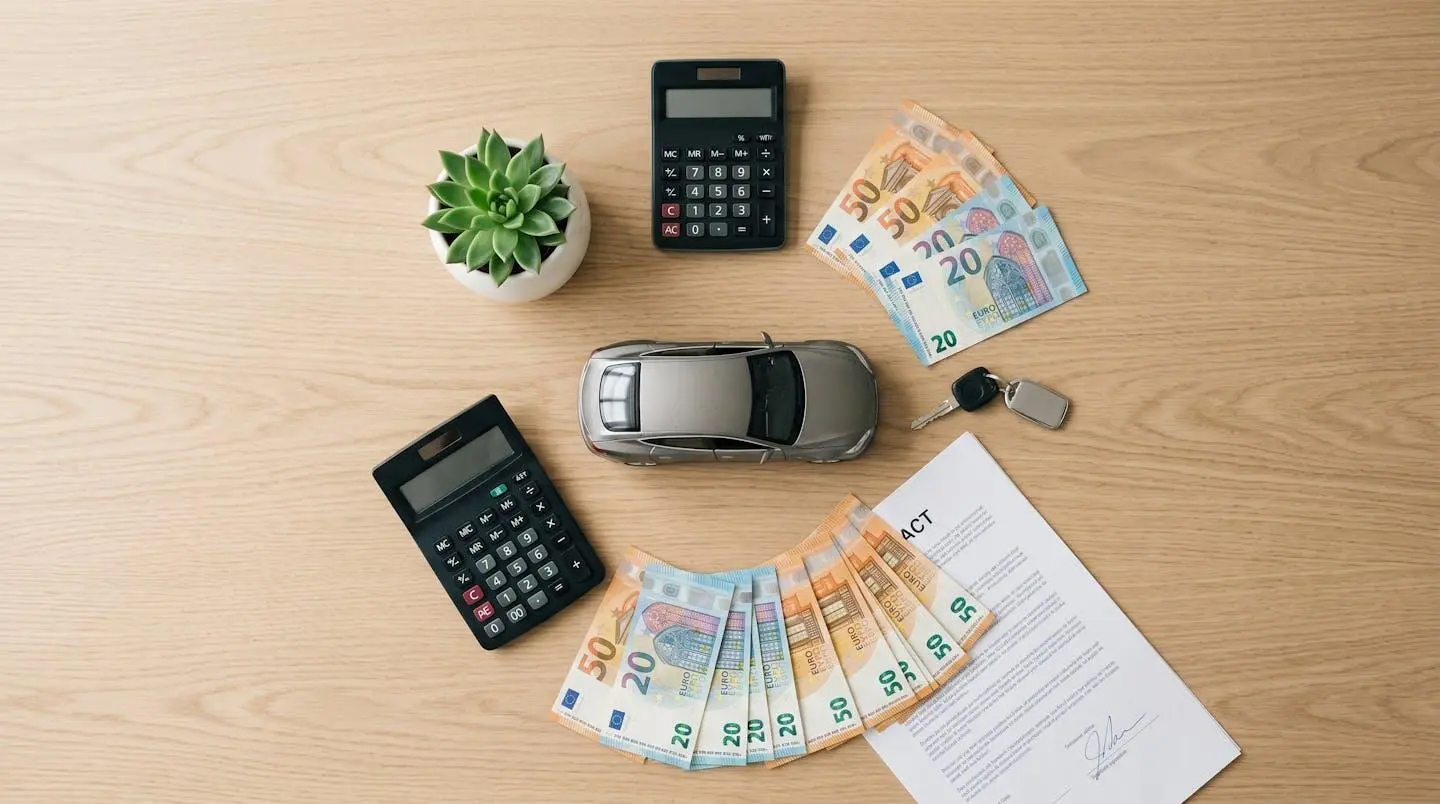 Vue de dessus d'une maquette de voiture électrique entourée d'une calculatrice, de billets d'euros, d'un contrat, d'une clé de voiture et d'une plante verte sur une table en bois clair