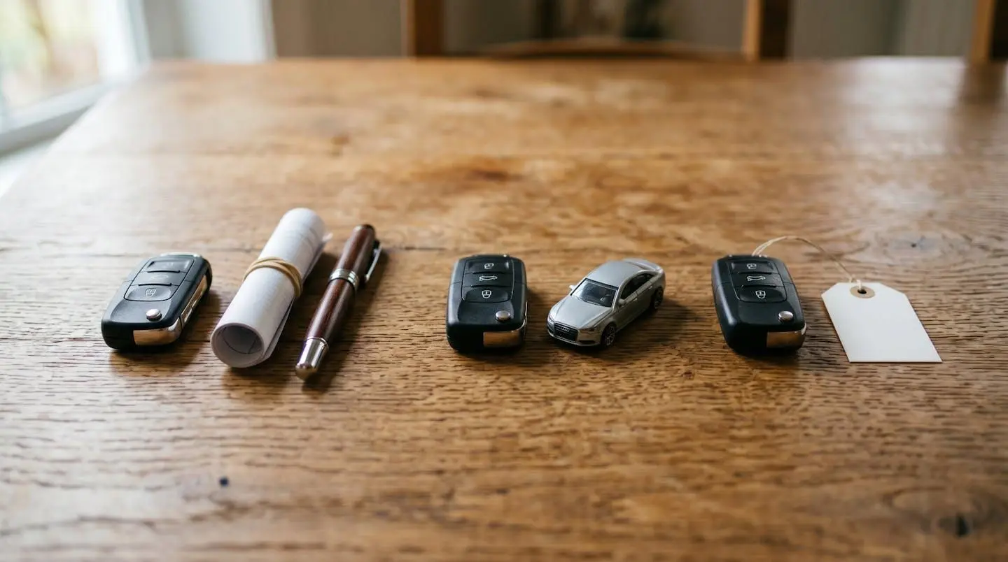 Trois clés de voiture identiques accompagnées chacune d'un objet symbolique différent sur une table en bois, représentant les trois options de fin de contrat LOA
